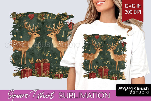 Vintage Christmas Deer Square Tshirt PNG Background Design Sublimation OrangeBrushStudio 