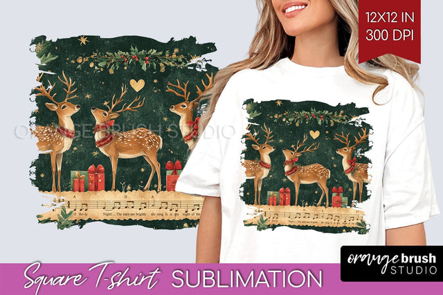 Vintage Christmas Deer Square Tshirt PNG Background Design Sublimation OrangeBrushStudio 