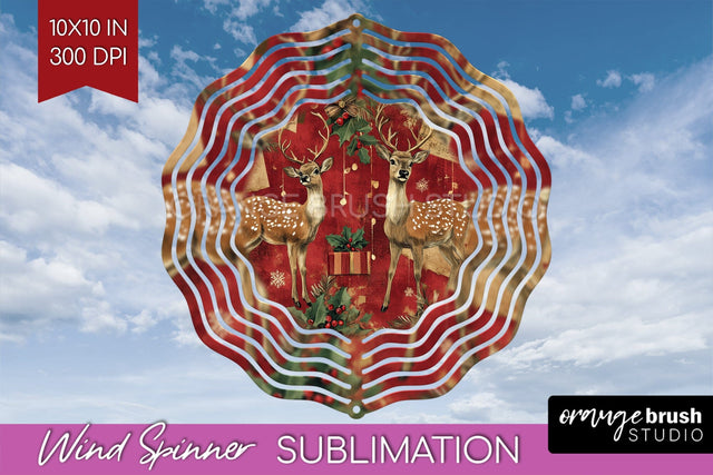 Vintage Christmas Deer Wind Spinner Sublimation PNG Sublimation OrangeBrushStudio 