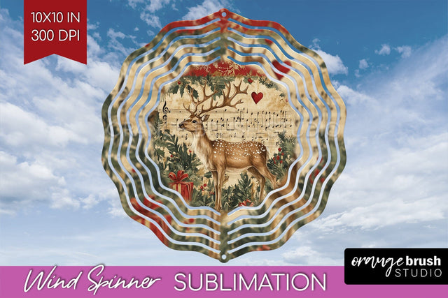 Vintage Christmas Deer Wind Spinner Sublimation PNG Sublimation OrangeBrushStudio 