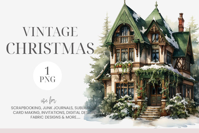 Vintage Christmas House Clipart Sublimation BijouBay 
