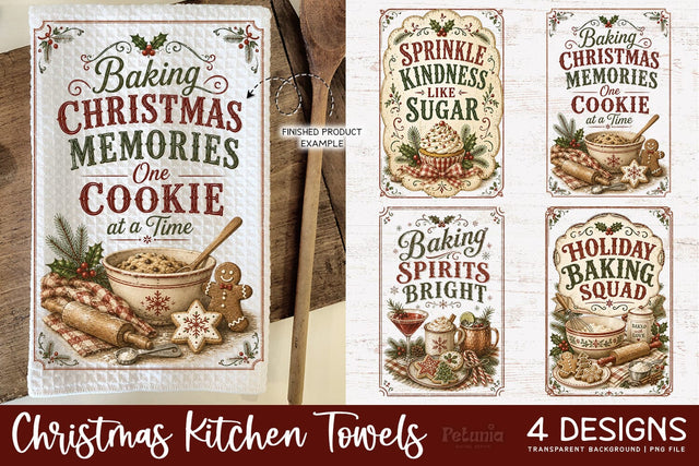 Vintage Christmas Kitchen Towel PNG | Holiday Designs Sublimation Petunia Digital Design 
