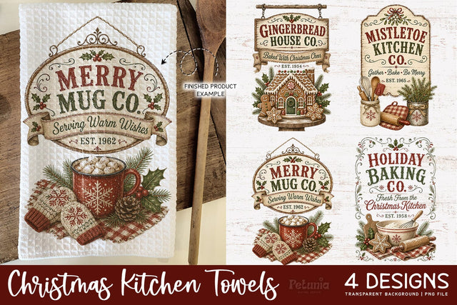 Vintage Christmas Kitchen Towel PNG Sublimation Designs Sublimation Petunia Digital Design 
