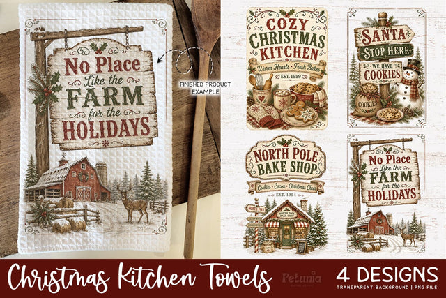 Vintage Christmas Kitchen Towel PNG Sublimation Designs Sublimation Petunia Digital Design 