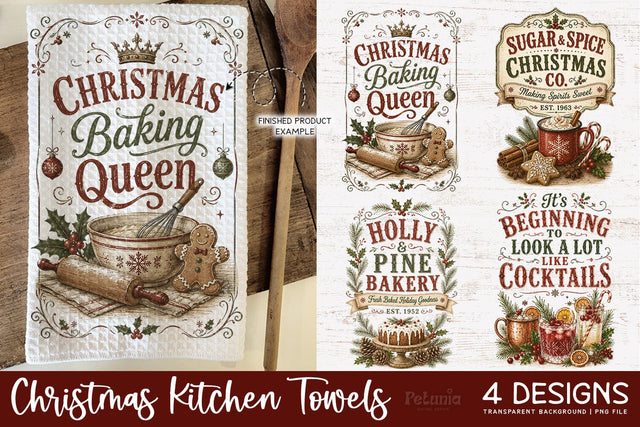 Vintage Christmas Kitchen Towel PNG Sublimation Designs Sublimation Petunia Digital Design 
