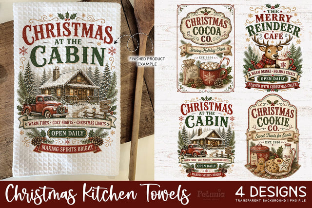 Vintage Christmas Kitchen Towel PNG Sublimation Designs Sublimation Petunia Digital Design 