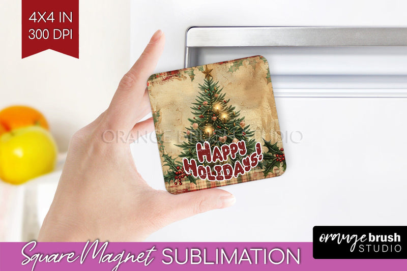 Vintage Christmas Magnet Sublimation - Retro Xmas Magnet PNG Sublimation OrangeBrushStudio 