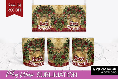 Vintage Christmas Mug Wrap - Retro Xmas 15Oz Mug Sublimation Sublimation OrangeBrushStudio 