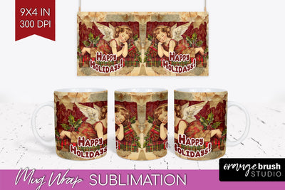 Vintage Christmas Mug Wrap - Retro Xmas 15Oz Mug Sublimation Sublimation OrangeBrushStudio 