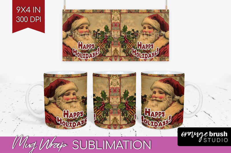 Vintage Christmas Mug Wrap - Retro Xmas 15Oz Mug Sublimation Sublimation OrangeBrushStudio 