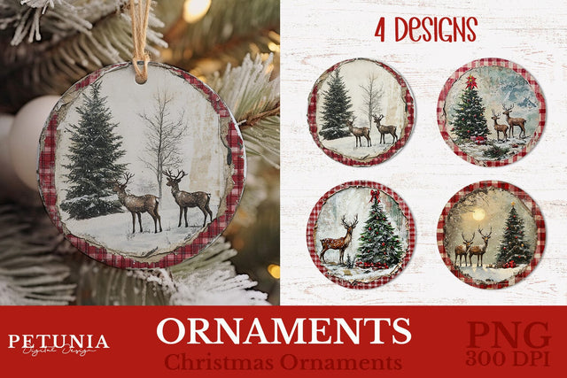 Vintage Christmas Ornament | Round Christmas Ornament PNG Sublimation Petunia Digital Design 