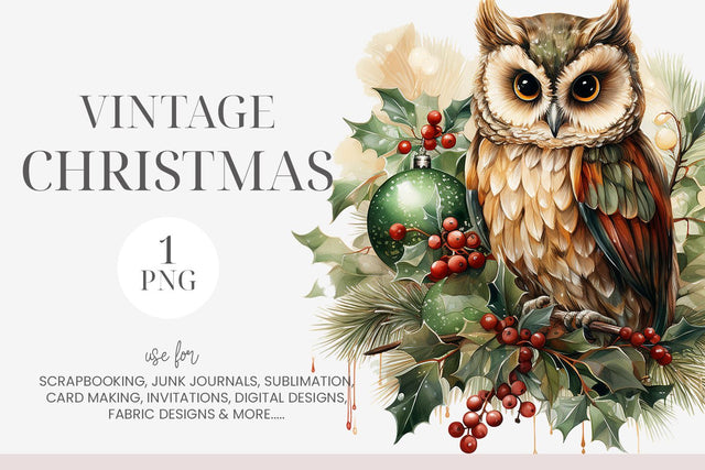 Vintage Christmas Owl Clipart Sublimation BijouBay 
