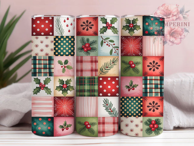 Vintage Christmas Patchwork Tumbler, Vintage Quilt Wrap, Holiday Quilt Sublimation, 20oz Christmas Quilt Tumbler, Festive Patchwork Art, Seasonal Quilt Mug, Whimsical Christmas Cup Sublimation Li Zamperini 