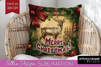 Vintage Christmas Pillow Sublimation - Xmas Pillow Cover PNG Sublimation OrangeBrushStudio 