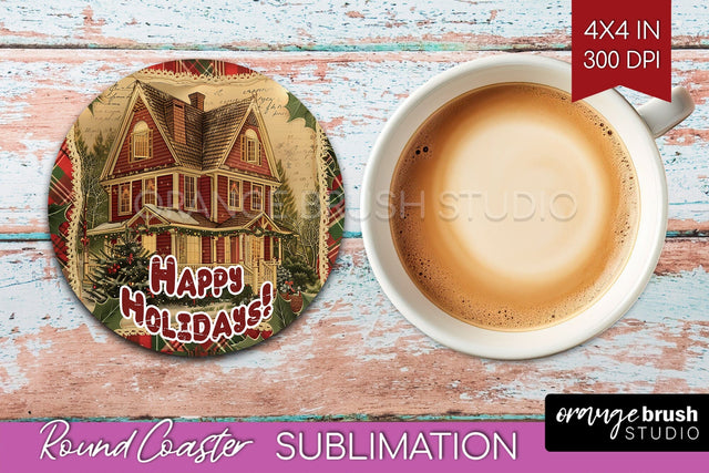 Vintage Christmas Round Coaster - Xmas Coaster Sublimation Sublimation OrangeBrushStudio 