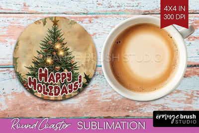 Vintage Christmas Round Coaster - Xmas Coaster Sublimation Sublimation OrangeBrushStudio 