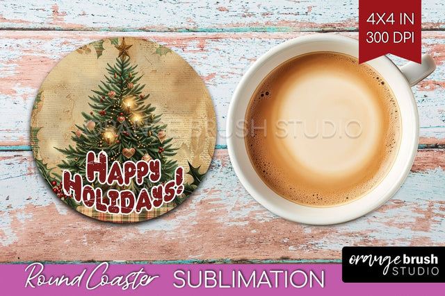 Vintage Christmas Round Coaster - Xmas Coaster Sublimation Sublimation OrangeBrushStudio 