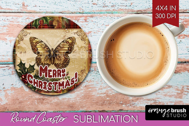Vintage Christmas Round Coaster - Xmas Coaster Sublimation Sublimation OrangeBrushStudio 
