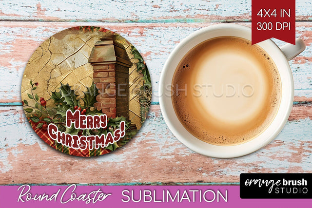 Vintage Christmas Round Coaster - Xmas Coaster Sublimation Sublimation OrangeBrushStudio 