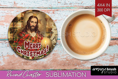 Vintage Christmas Round Coaster - Xmas Coaster Sublimation Sublimation OrangeBrushStudio 