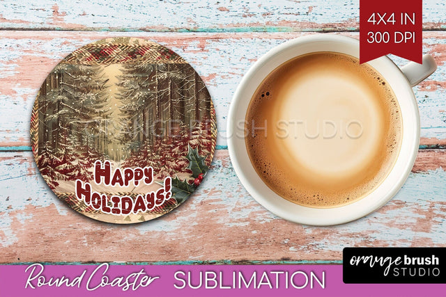 Vintage Christmas Round Coaster - Xmas Coaster Sublimation Sublimation OrangeBrushStudio 
