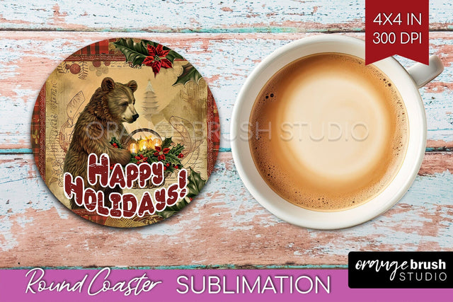 Vintage Christmas Round Coaster - Xmas Coaster Sublimation Sublimation OrangeBrushStudio 
