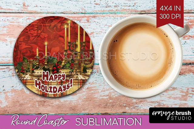 Vintage Christmas Round Coaster - Xmas Coaster Sublimation Sublimation OrangeBrushStudio 