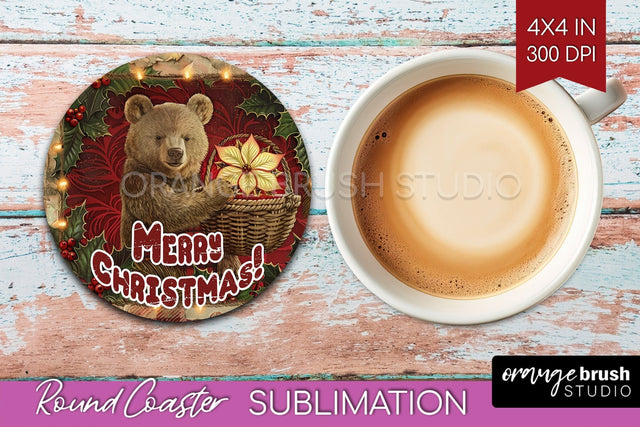 Vintage Christmas Round Coaster - Xmas Coaster Sublimation Sublimation OrangeBrushStudio 