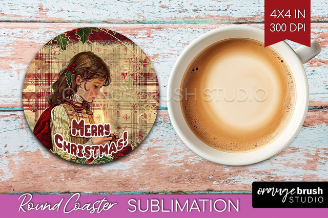Vintage Christmas Round Coaster - Xmas Coaster Sublimation Sublimation OrangeBrushStudio 