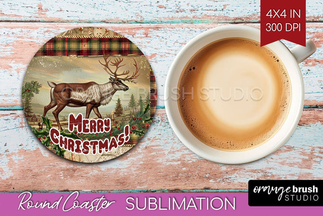 Vintage Christmas Round Coaster - Xmas Coaster Sublimation Sublimation OrangeBrushStudio 