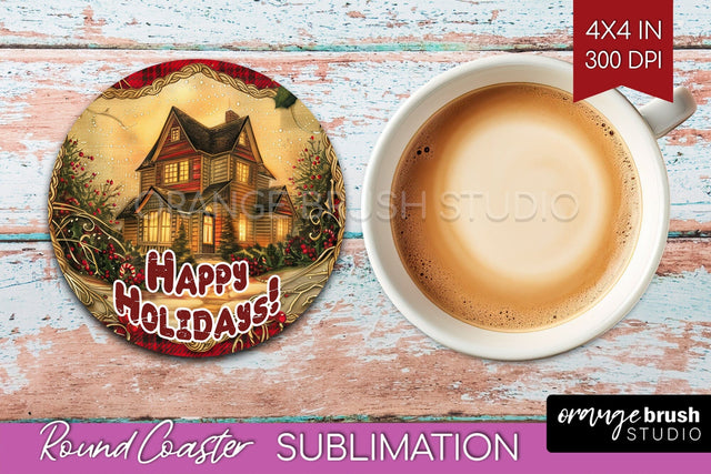Vintage Christmas Round Coaster - Xmas Coaster Sublimation Sublimation OrangeBrushStudio 