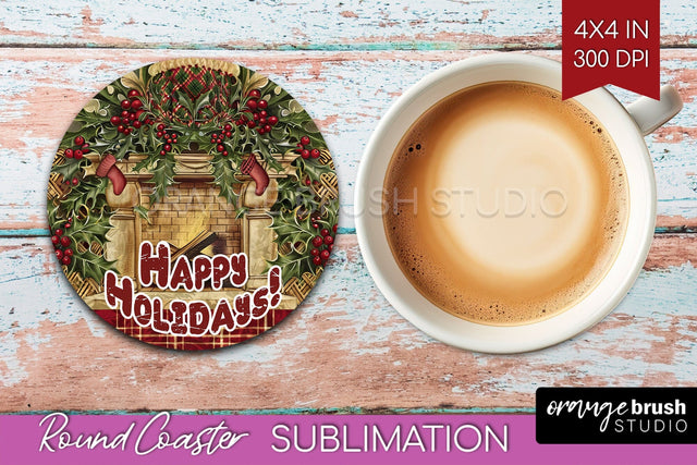 Vintage Christmas Round Coaster - Xmas Coaster Sublimation Sublimation OrangeBrushStudio 