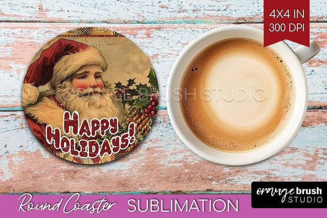 Vintage Christmas Round Coaster - Xmas Coaster Sublimation Sublimation OrangeBrushStudio 