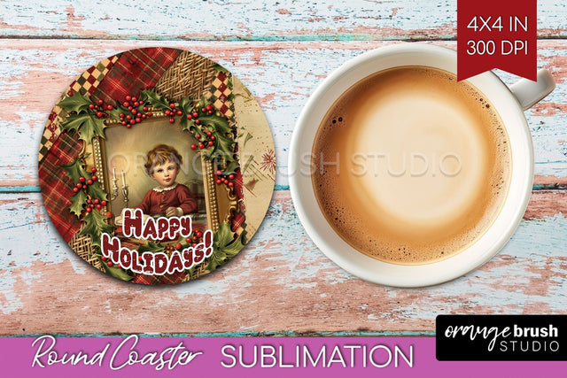 Vintage Christmas Round Coaster - Xmas Coaster Sublimation Sublimation OrangeBrushStudio 