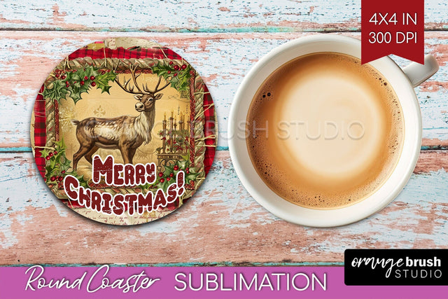 Vintage Christmas Round Coaster - Xmas Coaster Sublimation Sublimation OrangeBrushStudio 