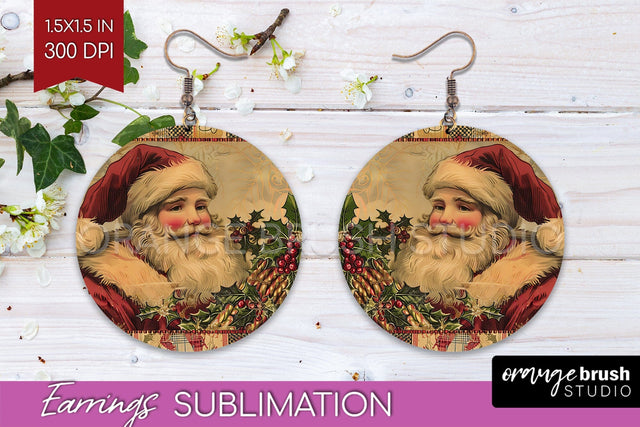 Vintage Christmas Round Earrings - Retro Xmas Sublimation Sublimation OrangeBrushStudio 