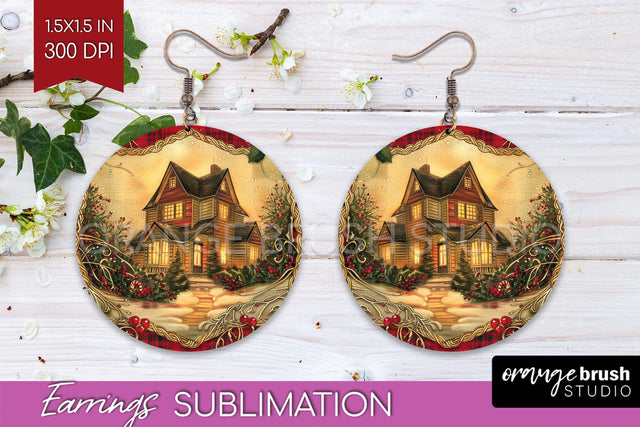 Vintage Christmas Round Earrings - Retro Xmas Sublimation Sublimation OrangeBrushStudio 