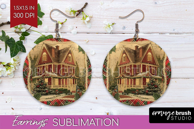 Vintage Christmas Round Earrings - Retro Xmas Sublimation Sublimation OrangeBrushStudio 