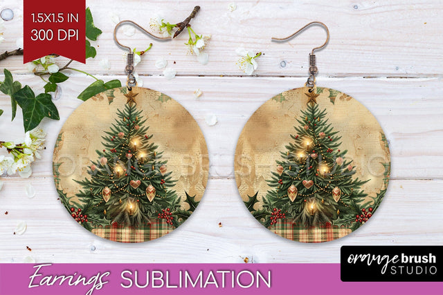 Vintage Christmas Round Earrings - Retro Xmas Sublimation Sublimation OrangeBrushStudio 