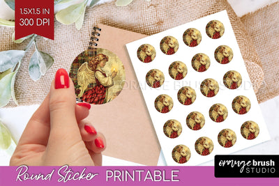Vintage Christmas Round Sticker - Retro Printable Stickers Sublimation OrangeBrushStudio 