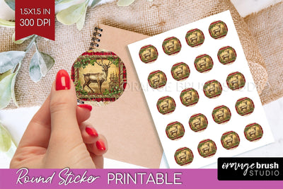 Vintage Christmas Round Sticker - Retro Printable Stickers Sublimation OrangeBrushStudio 