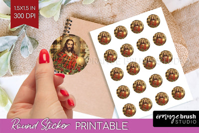Vintage Christmas Round Sticker - Retro Printable Stickers Sublimation OrangeBrushStudio 