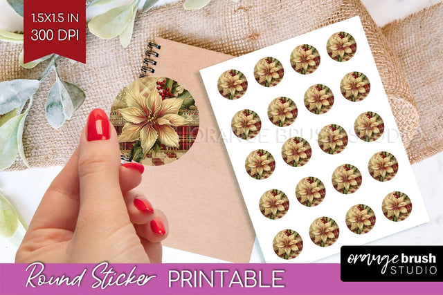 Vintage Christmas Round Sticker - Retro Printable Stickers Sublimation OrangeBrushStudio 