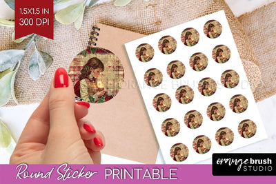 Vintage Christmas Round Sticker - Retro Printable Stickers Sublimation OrangeBrushStudio 