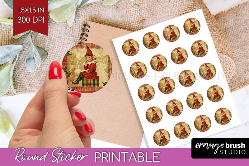 Vintage Christmas Round Sticker - Retro Printable Stickers Sublimation OrangeBrushStudio 