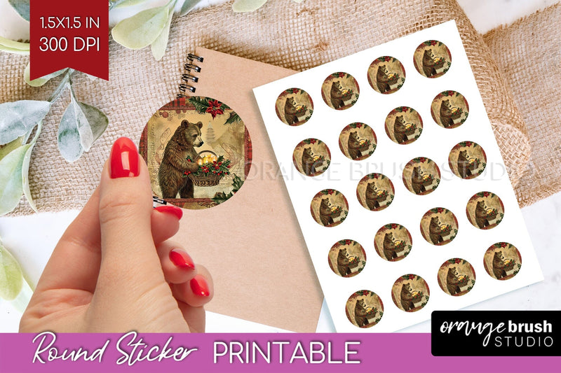 Vintage Christmas Round Sticker - Retro Printable Stickers Sublimation OrangeBrushStudio 