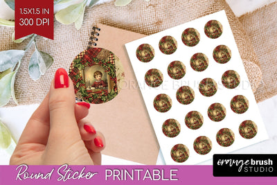 Vintage Christmas Round Sticker - Retro Printable Stickers Sublimation OrangeBrushStudio 