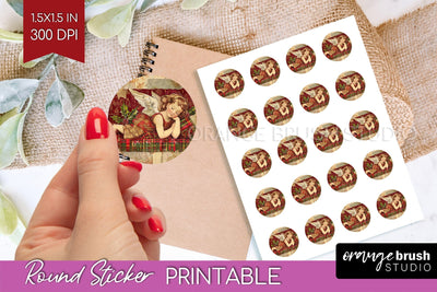 Vintage Christmas Round Sticker - Retro Printable Stickers Sublimation OrangeBrushStudio 