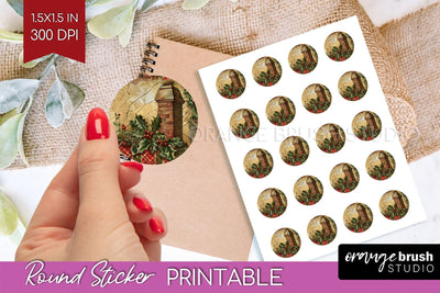 Vintage Christmas Round Sticker - Retro Printable Stickers Sublimation OrangeBrushStudio 
