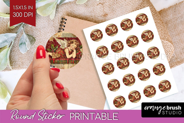 Vintage Christmas Round Sticker - Retro Printable Stickers Sublimation OrangeBrushStudio 